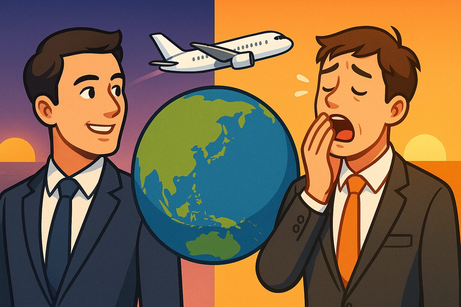 西回りと東回りの飛行で異なる時差ボケの影響を受けるビジネスパーソンの対比イラスト