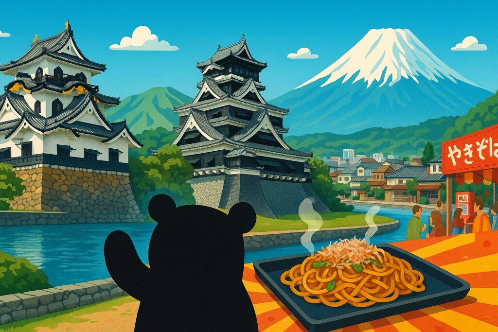 城郭と富士山を背景に、クマのシルエットと湯気を立てる焼きそば、屋台で賑わう人々が描かれたイラスト
