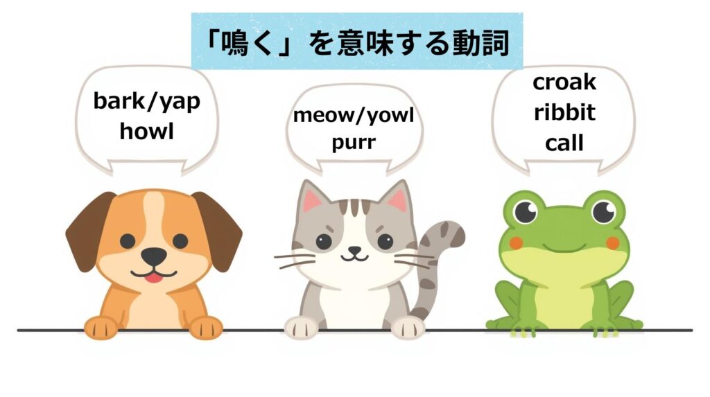 犬・猫・カエルのイラストと、それぞれの鳴き声を表す英語の動詞(犬=bark, yap, howl/猫=meow, yowl, purr/カエル=croak, ribbit, call)を吹き出しに示した図解