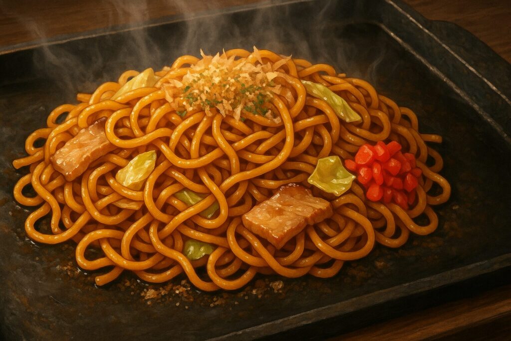 鉄板の上で湯気を立てる富士宮やきそば。太麺にキャベツ、肉かす、削り粉、紅しょうがが添えられたイラスト