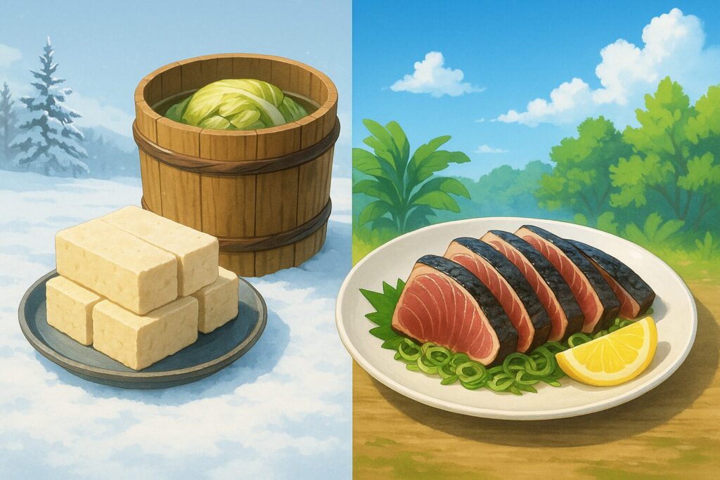 雪国の凍み豆腐と漬物の樽、南国のカツオのタタキを対比したイラスト