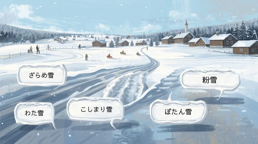 雪国の風景に「ざらめ雪」「こしまり雪」「粉雪」「ぼたん雪」「わた雪」といった雪の呼び名を吹き出しで示したイラスト