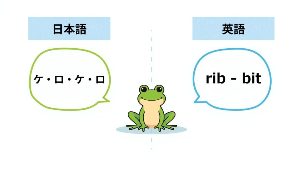 カエルを中央に置き、左に「ケ・ロ・ケ・ロ」、右に「rib-bit」と吹き出しで示したイラスト。日本語と英語の音の区切り方の違いを表している。