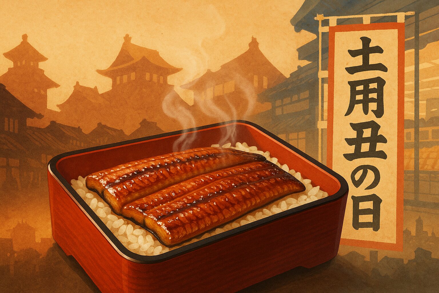 土用の丑の日を象徴するイラスト。湯気の立つうな重の背後に、江戸の町並みと「土用丑の日」と書かれた幟が描かれている。