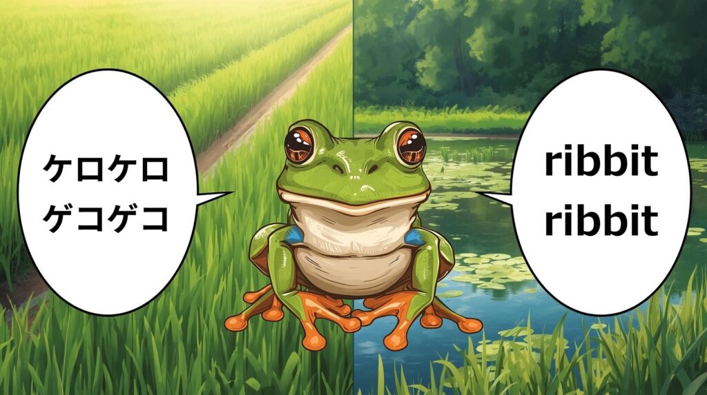 日本の田んぼとアメリカの池を背景に、中央のカエルが「ケロケロ」と「ribbit」と鳴き声を対比するイラスト