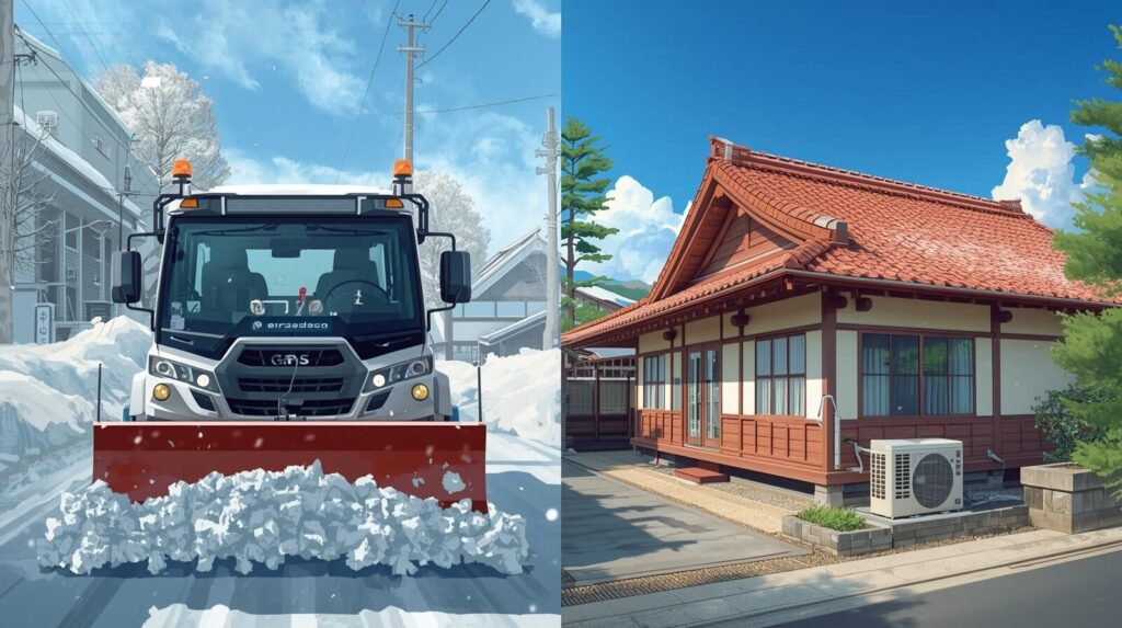 雪国のGPS搭載除雪車と、沖縄の赤瓦屋根の家に設置されたエアコンを描いたイラスト