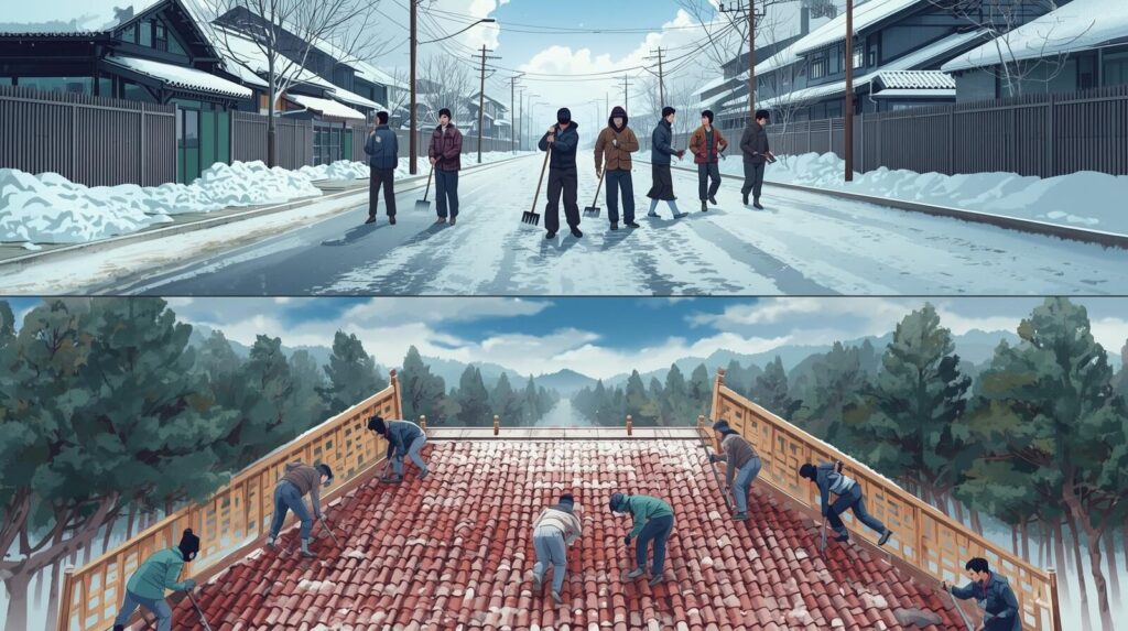 雪国で共同除雪を行う人々と、沖縄で屋根を協力して押さえる人々を描いたイラスト