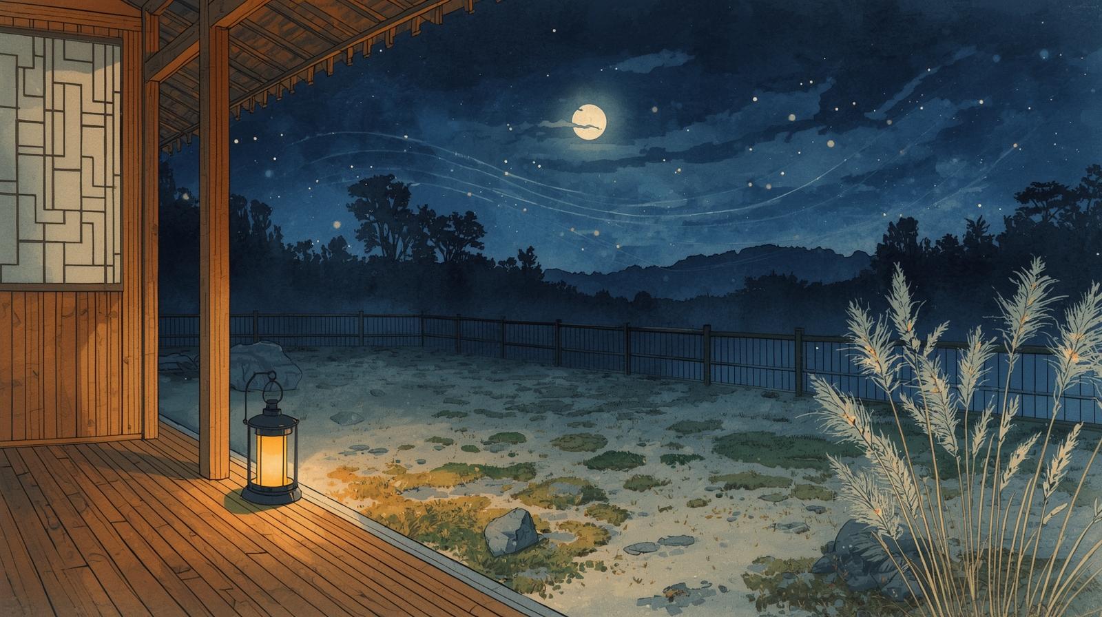 秋の夜、縁側とすすき、月の下に光の糸で表現された虫の声が漂う情景
