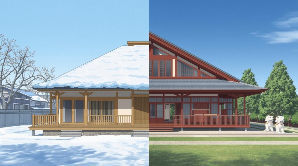 雪国の急勾配屋根の家と沖縄の庇の深い家を対比したイラスト