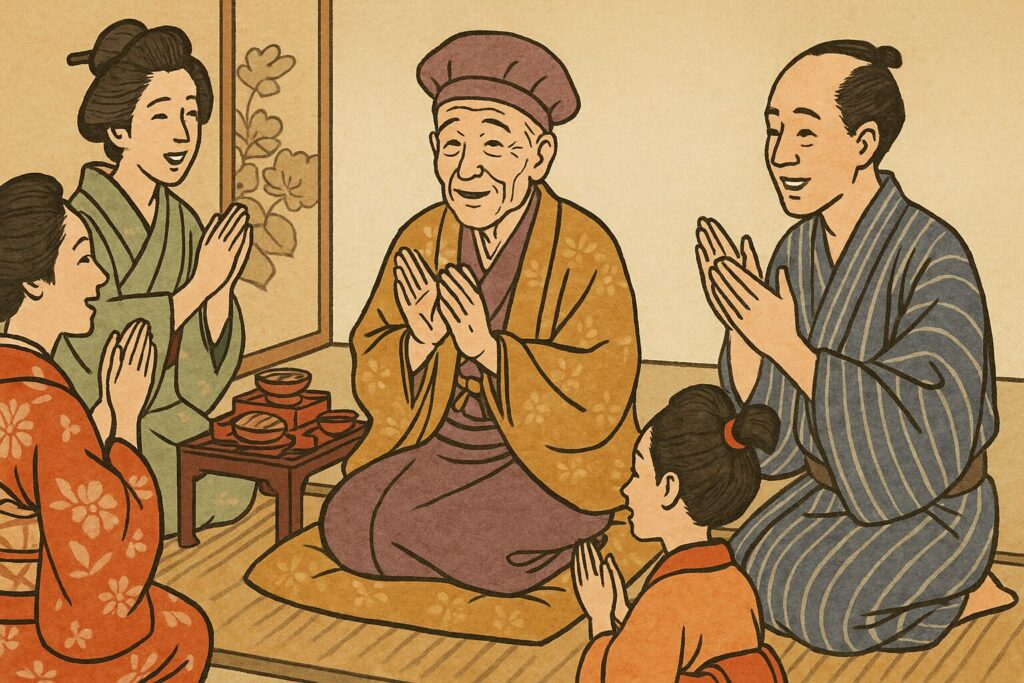 江戸時代の家屋で、長寿を迎えた老人を囲んで家族が祝う様子を描いた浮世絵風イラスト
