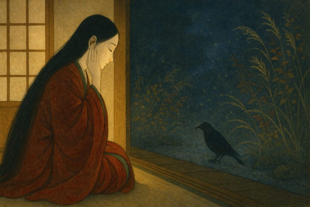 平安装束の女性が秋草の庭に耳を澄ます情景
