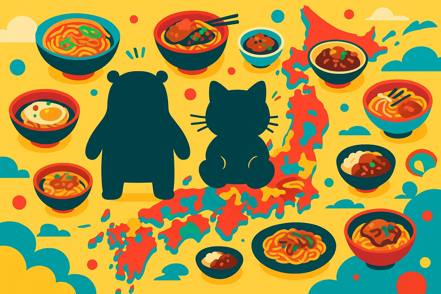 日本地図の上にクマとネコの抽象シルエットが並び、周囲にご当地グルメの丼物や麺料理が描かれたポップなイラスト