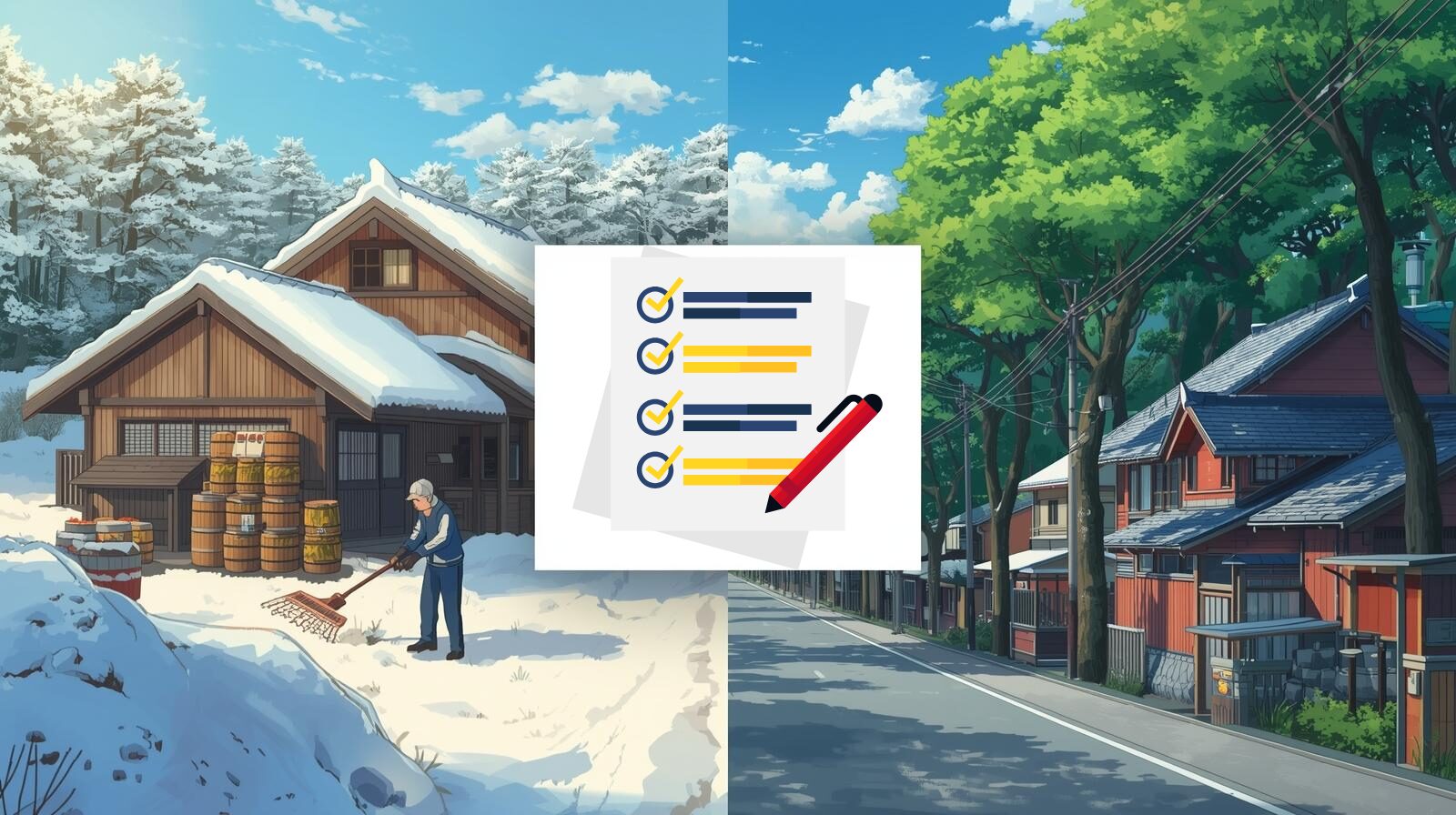 雪国の民家と南国の街並みを対比させたイラスト、中央に解答用紙のアイコン