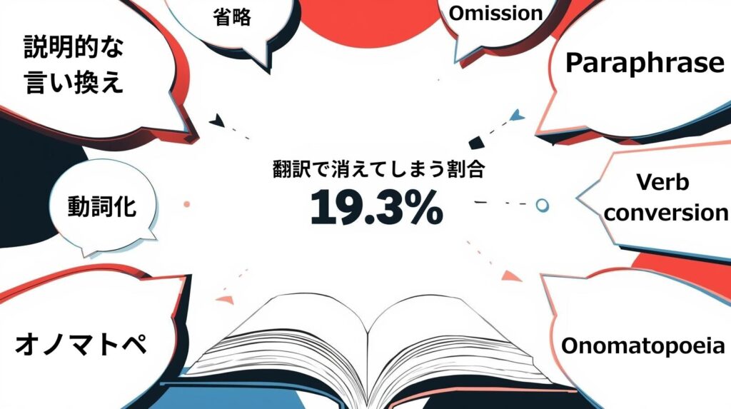 本のイラストから吹き出しが広がり、「オノマトペ」「説明的な言い換え」「動詞化」「省略」「Onomatopoeia」「Paraphrase」「Verb conversion」「Omission」と変換例を示し、中央に「翻訳で消えてしまう割合 19.3%」と表示された図解