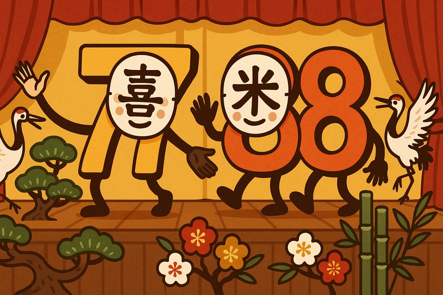 喜寿と米寿を擬人化したキャラクターが舞台で手を取り合い、鶴や松竹梅に囲まれて祝うユーモラスなイラスト