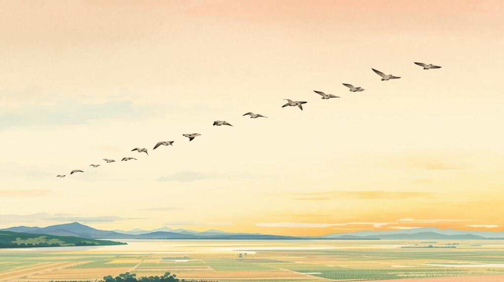 夕暮れの空を列をなして飛ぶ渡り鳥。黄金色の光に包まれた田園と遠くの山並みが静かに広がっている。