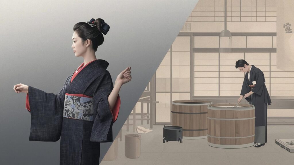 裏地にだけ紅を染めた女性と、染師が色を試す江戸の情景。見えないところに美を込めた「いき」の精神を描く。