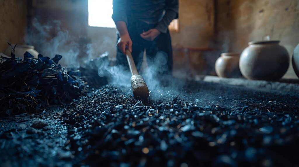 徳島・吉野川流域で蒅（すくも）を仕込む藍師。発酵する藍葉を木べらで切り返す静かな作業風景。