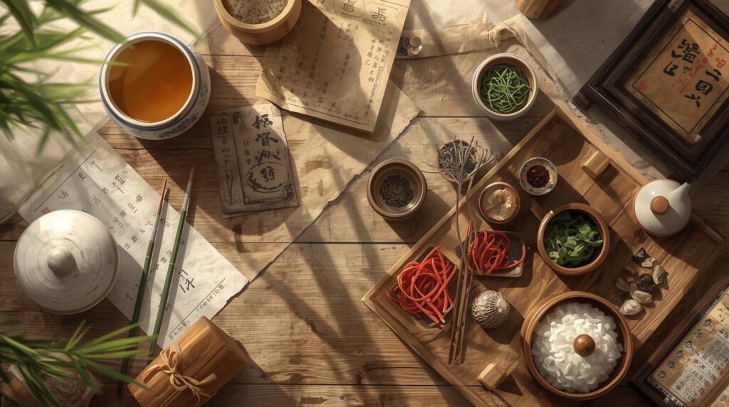 古代中国の薬膳書と漢方素材、茶碗や筆、竹簡が木の机に並ぶ。柔らかな光が差し込み、季節と食の知恵を感じさせる静物構図。