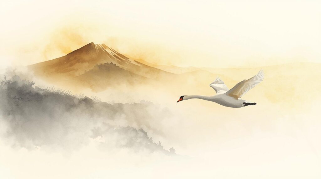 霧立つ古代の山々を背景に、黄金の空を飛ぶ一羽の白鳥。ヤマトタケルの魂を象徴する幻想的な情景。