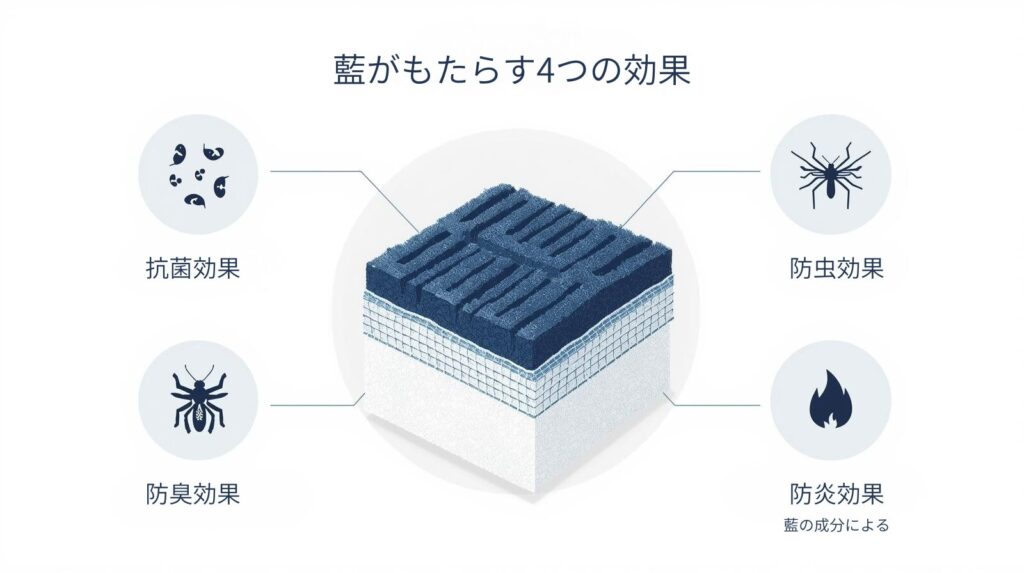 木綿繊維を藍が包み、抗菌・防臭・防虫・防炎の効果を示す図解。