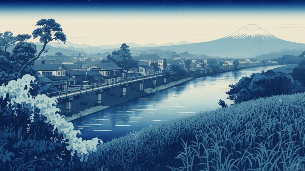 藍の濃淡で描かれた日本の風景。阿波の藍畑から江戸の町並みまで、青が国全体を染める浮世絵風イラスト。