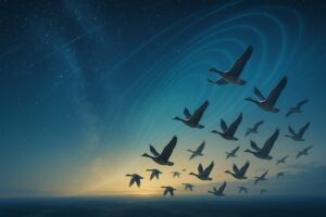 夜明けの空を飛ぶ渡り鳥の群れ。地磁気の流れを示す青い光のラインが空に描かれ、渡り鳥の方向感覚と地球の磁場の関係を象徴している。