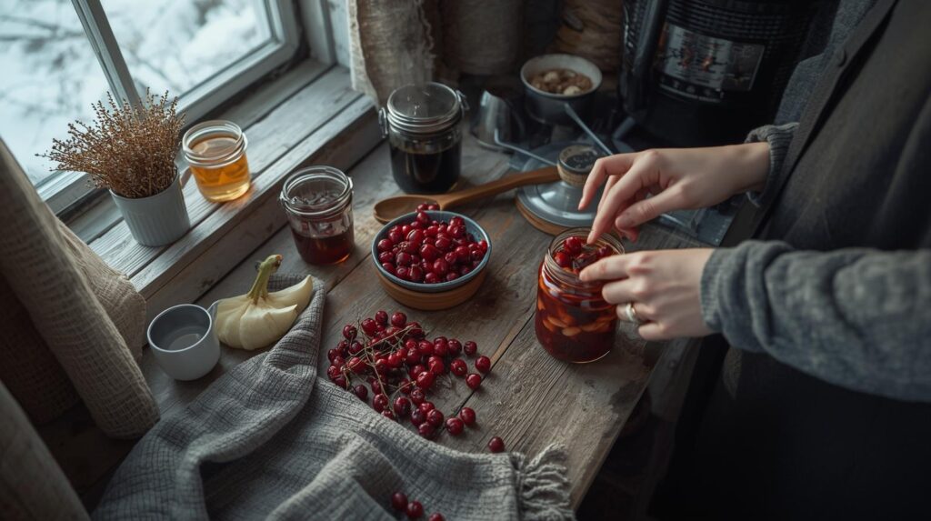 北欧の冬の窓辺で、赤いベリーを瓶に詰める人の手元。木のテーブルにはジャムや蜂蜜が並び、雪景色の外光が静かに差し込む。