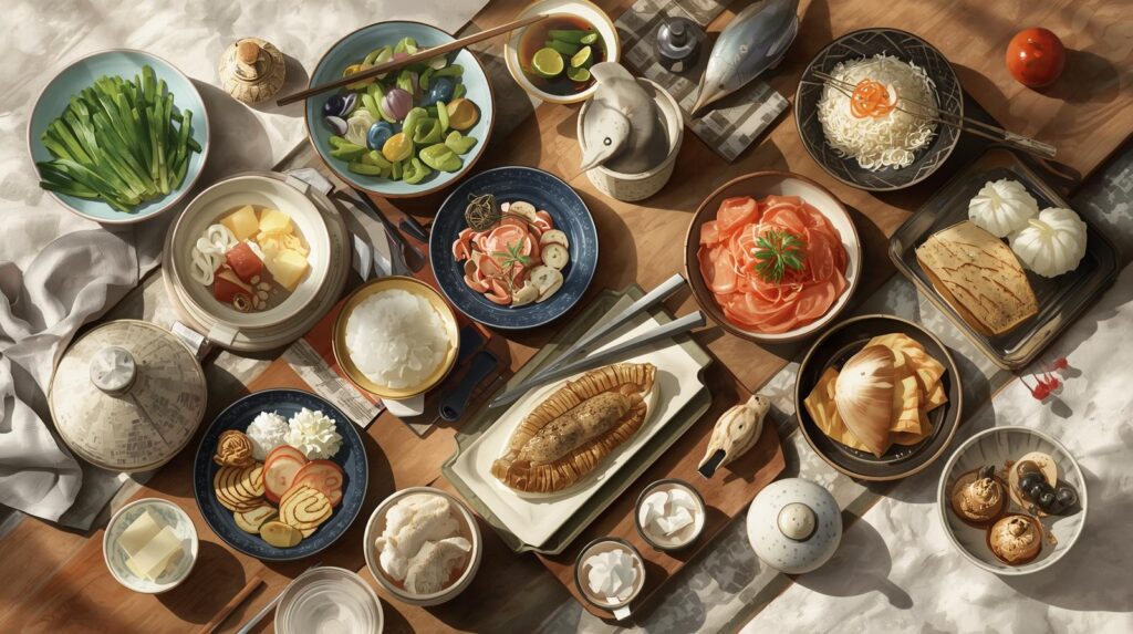 四季の食材を使った日本料理が並ぶ食卓。春の山菜、夏の鮎、秋の松茸、冬の大根など、季節の恵みを彩る和の膳。