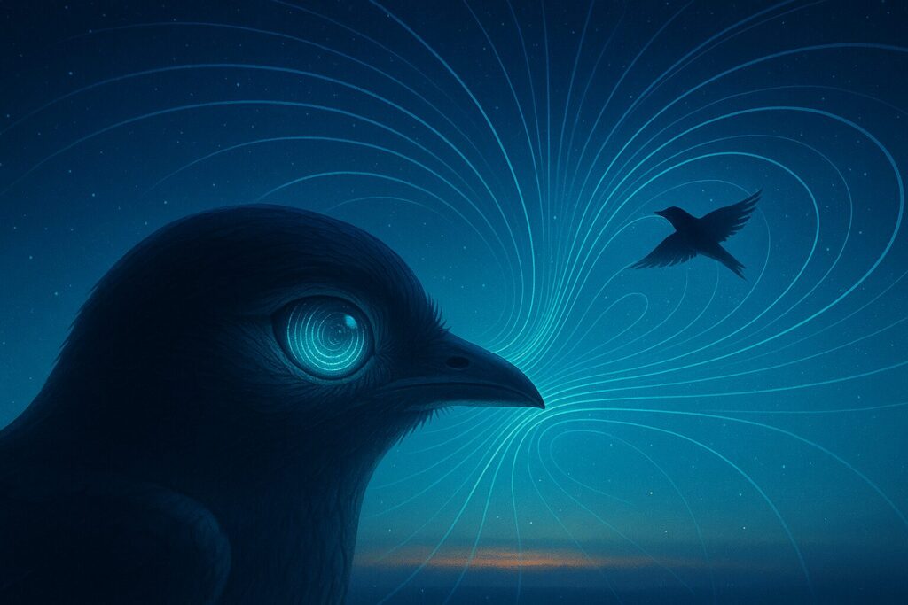 鳥の目の中に青い光の渦が輝き、空には地磁気の流線が広がる。 渡り鳥が地球の磁場を感じ取る「量子コンパス」を象徴するサイエンスアート。