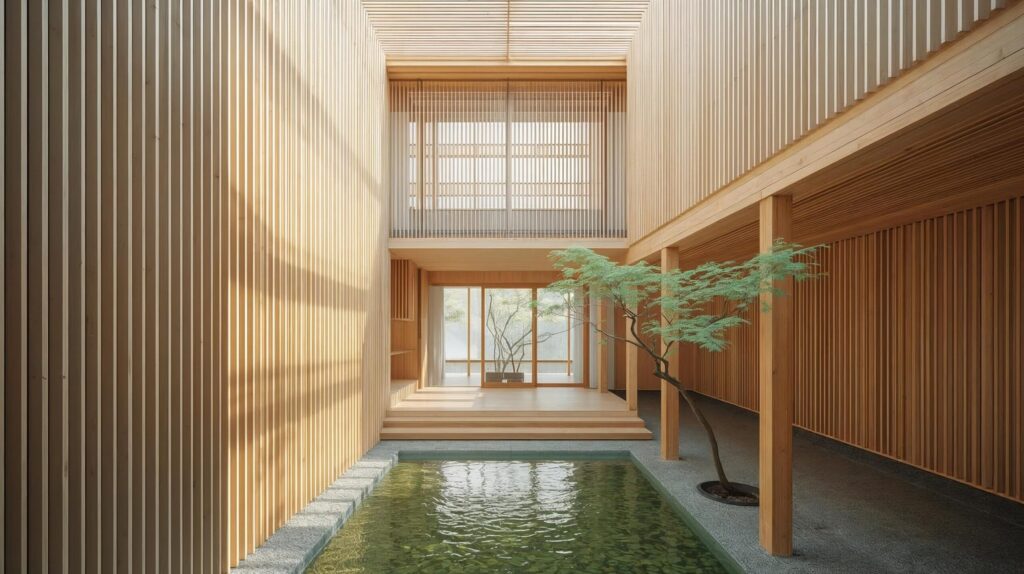 木の格子と自然光が織りなす隈研吾の建築空間。木漏れ日と水面が調和する、静謐な「引き算の美」を表すデザイン。