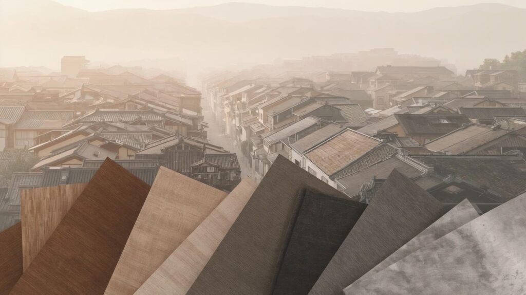 江戸の町並みと、茶から鼠まで続く伝統色の布見本。控えめな色の中に無限の美を感じさせる構図。