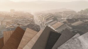 江戸の町並みと、茶から鼠まで続く伝統色の布見本。控えめな色の中に無限の美を感じさせる構図。