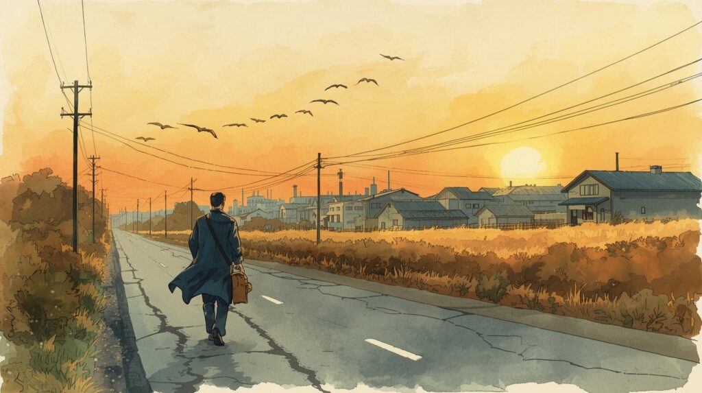 夕暮れの道を、ギターを背負い歩く男の後ろ姿。 遠くの空には渡り鳥の群れが飛び、沈む太陽が街を黄金色に染めている。