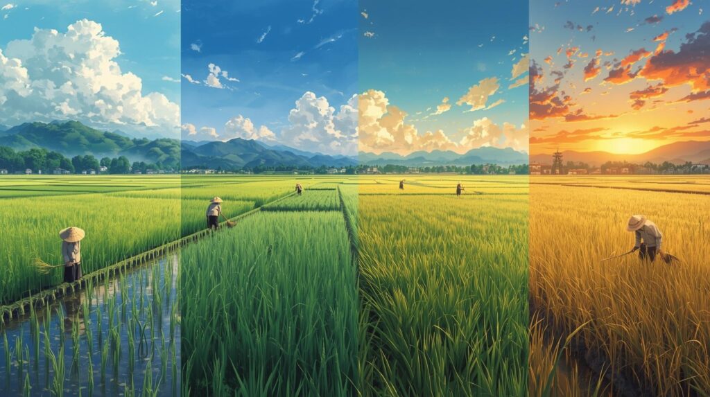 春の田植え、夏の青田、秋の稲刈りを一続きに描いた日本の田園風景。四季の移ろいの中で稲作と旬の関係を表す。