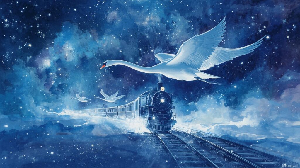 満天の星空を背景に、蒸気機関車と白鳥が並んで銀河を走る幻想的な情景。