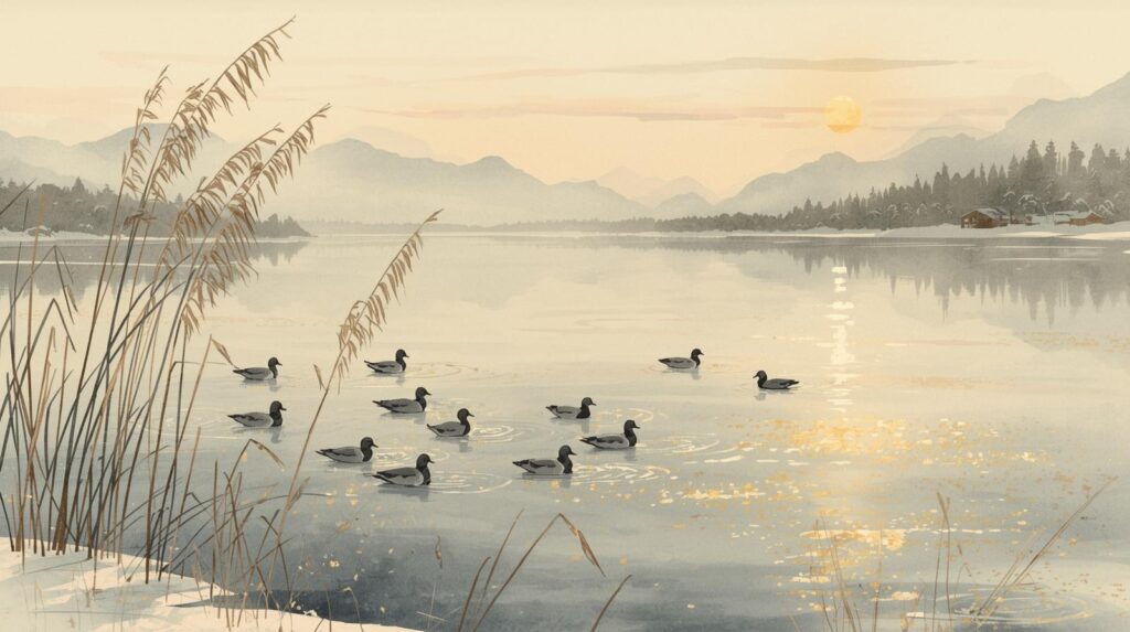 冬の夕暮れ、静かな湖面に浮かぶ十羽ほどの渡り鳥。黄金の光が水面に反射し、葦の穂が風に揺れている。
