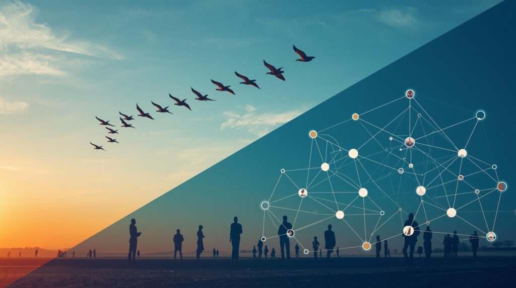 夕空をV字で飛ぶ雁の群れと、下部にネットワーク状につながる人々のシルエット。自然と組織の協働を重ね合わせた構図。