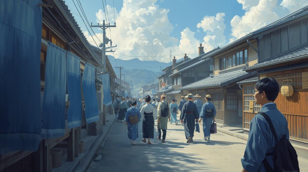 明治初期の日本の町並みで、藍染めの着物や浴衣を着た人々が行き交う様子。外国人が「Japan Blue」と呼んだ日本の青を象徴する風景。