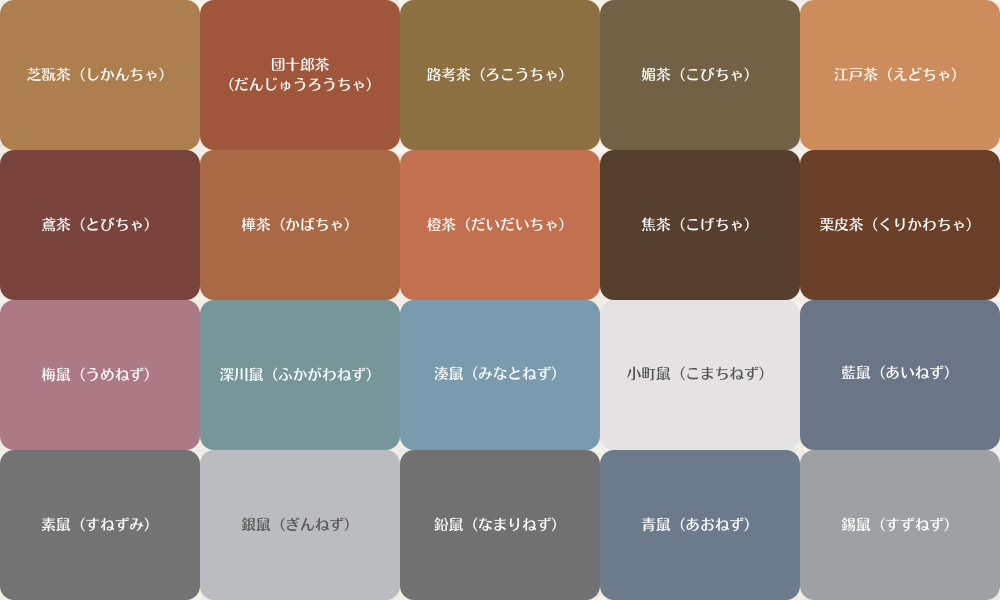 江戸時代に庶民が生み出した茶と鼠の伝統色パレット。芝翫茶から藍鼠まで、微妙な濃淡に宿る美。