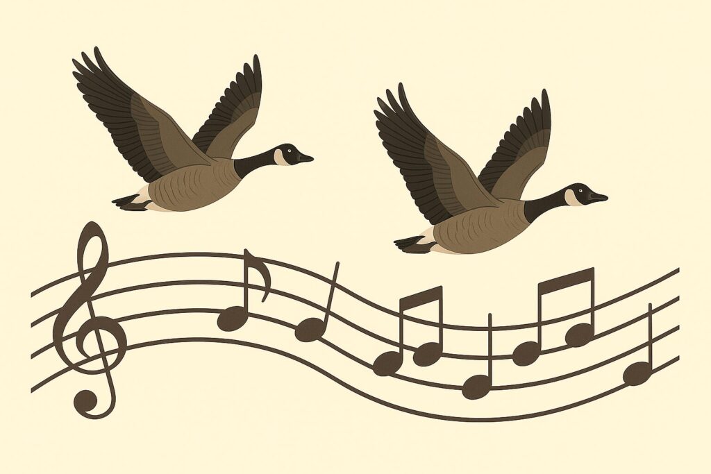 2羽の雁が同じリズムで羽ばたきながら飛ぶ様子を描いたイラスト。青い波形ラインで羽ばたきのリズムを可視化。