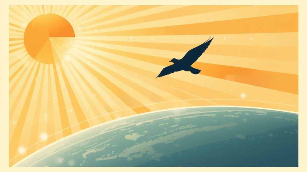 太陽の光を背景に飛ぶ鳥。光の角度が放射状に広がり、時間と方角を読み取る「太陽コンパス」の仕組みを象徴している。