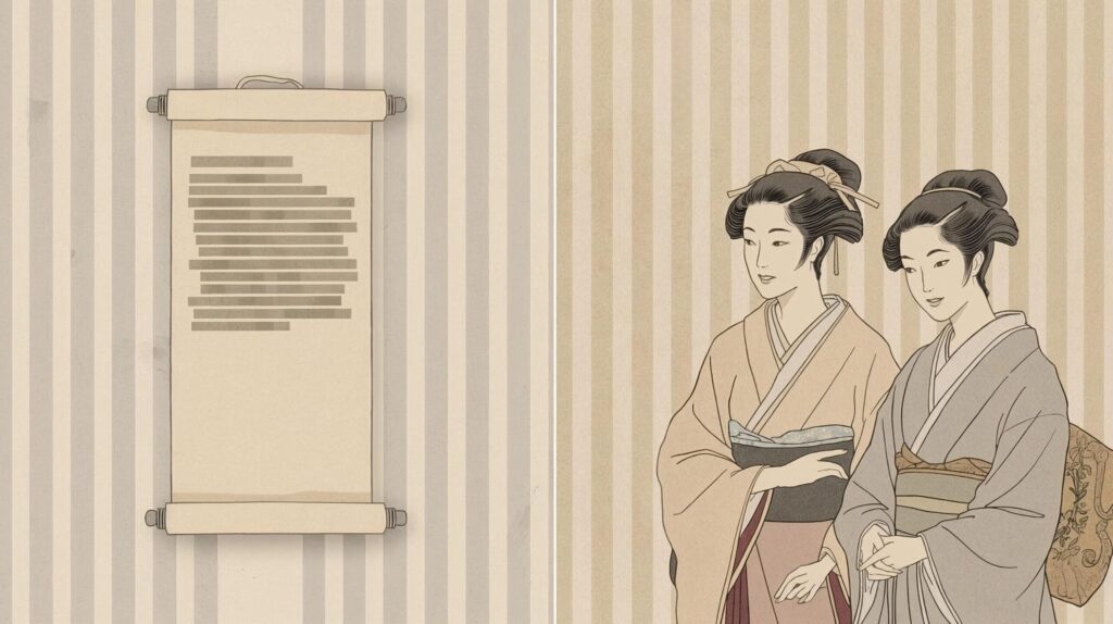 奢侈禁止令の巻物と、控えめな色の着物をまとう江戸の女性たち。制約の中に洗練を見いだした江戸の美意識を描く。