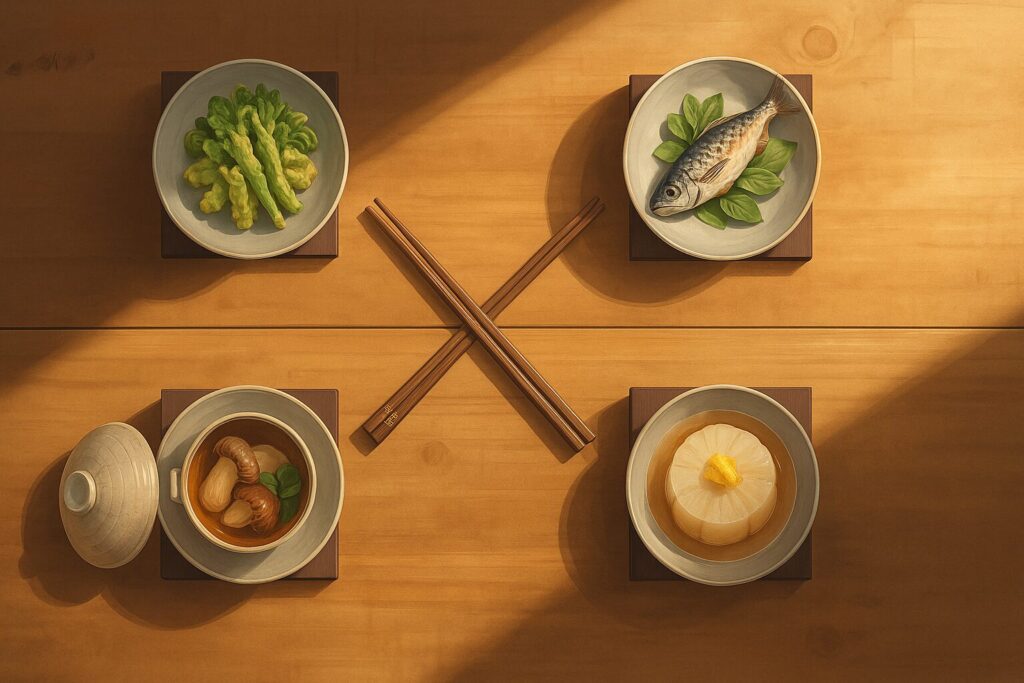 四季の食材を並べた和食の膳。春の山菜、夏の鮎、秋の松茸、冬の大根が静かに配置され、季節の移ろいと人生の重なりを表す。