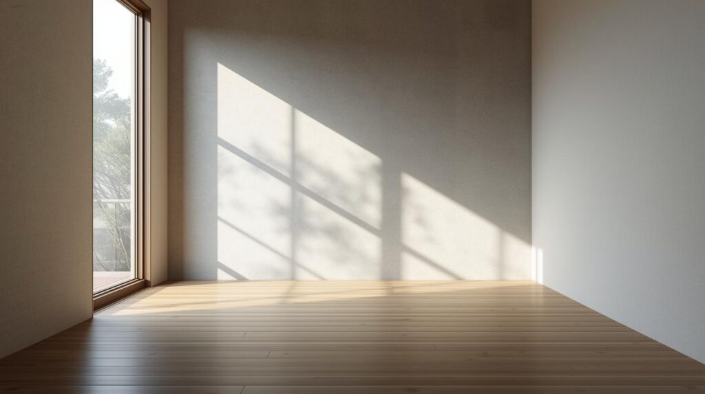 柔らかな自然光が差し込む静かな和室。光と影が織りなす空間に、日本的ミニマリズムの美が漂う。