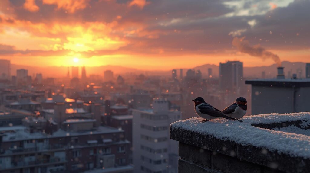 冬の街の屋根に留まる二羽のツバメ。 雪が残る屋上と、暖色に染まる夕空が対照的で、地球温暖化の影響を静かに示している。