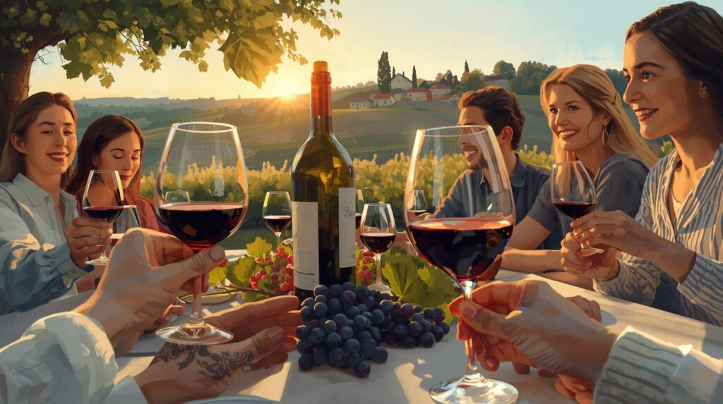 夕暮れのブドウ畑で、ワインを手に笑顔を交わす人々。黄金色の光に包まれたテーブルに、ボトルとブドウが並ぶ。