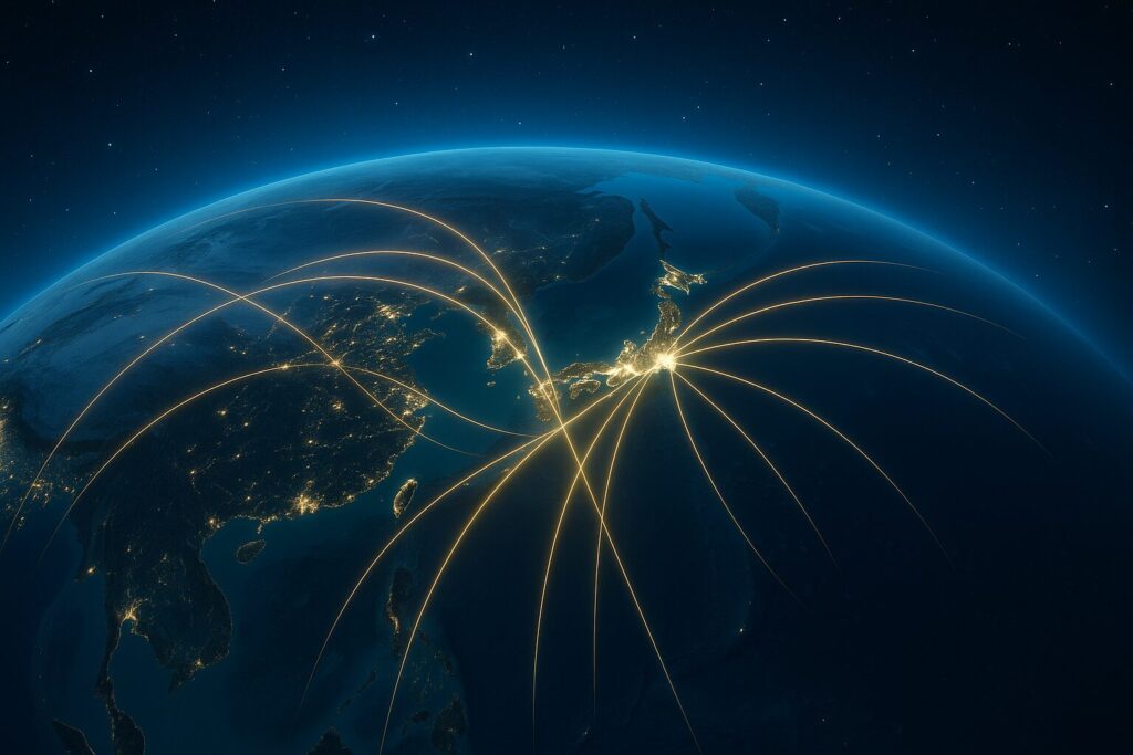 夜の地球を俯瞰した衛星視点で、日本列島を中心に光のラインがアジアからオーストラリアへ伸びる。渡り鳥のフライウェイを示す地図風ビジュアル。