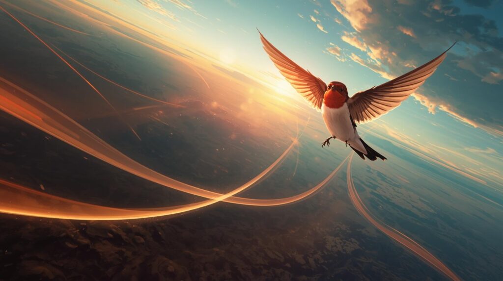 夕陽を背に飛ぶツバメが、空中に舞う光の流線をたどって進む。 風に乗る匂いの流れを視覚化した「嗅覚地図」のイメージ。 鳥の脳内で描かれる「認知地図」と方位感覚を象徴した科学的ビジュアル。
