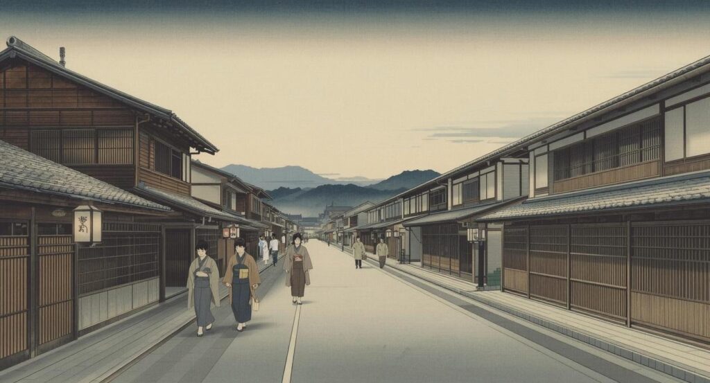 江戸時代の町並みを描いたイラスト。 木造の家々が並ぶ通りを、茶・鼠・藍など控えめな色の着物を着た人々が行き交っている。 落ち着いた光の中に「粋」の美意識が漂う。